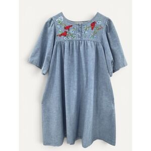 Go Softly Patio Dress Petite L Embroidered Cardinal Chambray Cotton Pockets